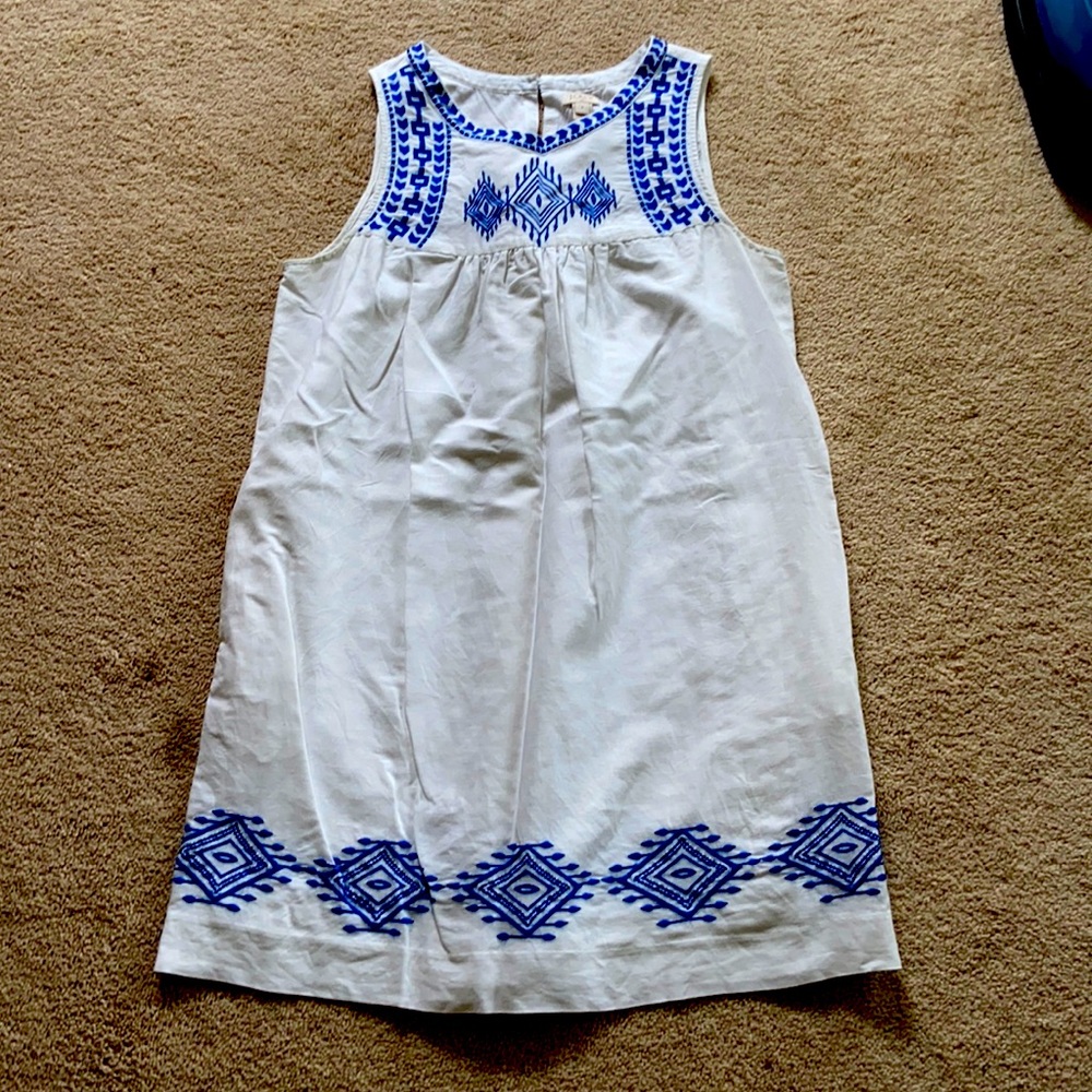 J. Crew White Sleeveless Dress with Blue Embroidery